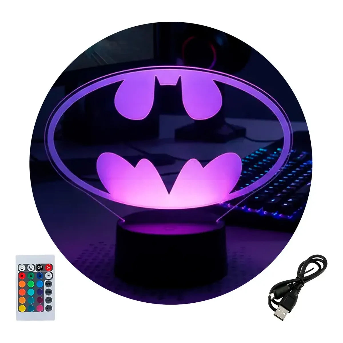 Velador Infantil Ilusion 3D A control remoto Emblema Batman USB / PILAS