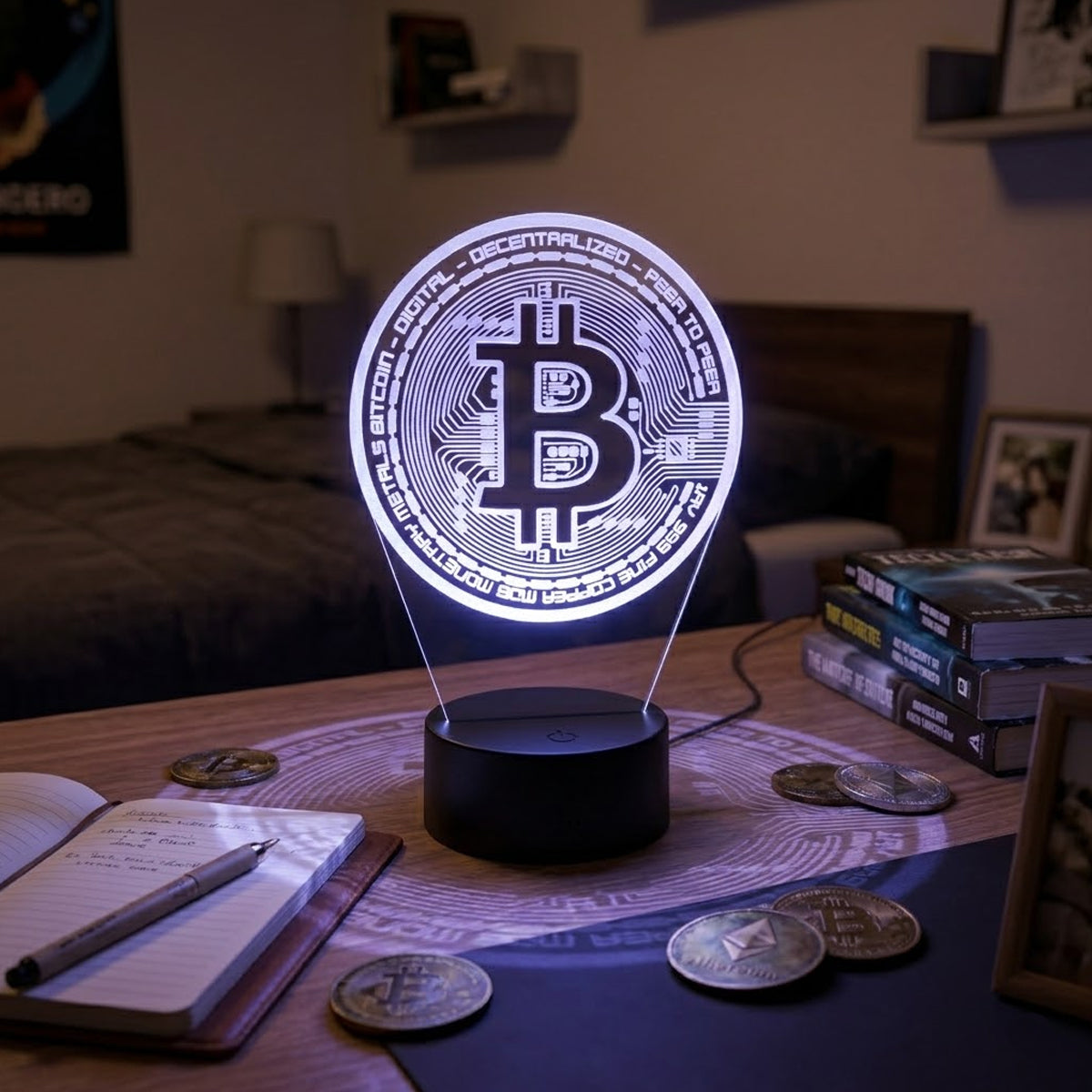 Velador Ilusion 3D A control remoto Lámpara Bitcoin USB / PILAS