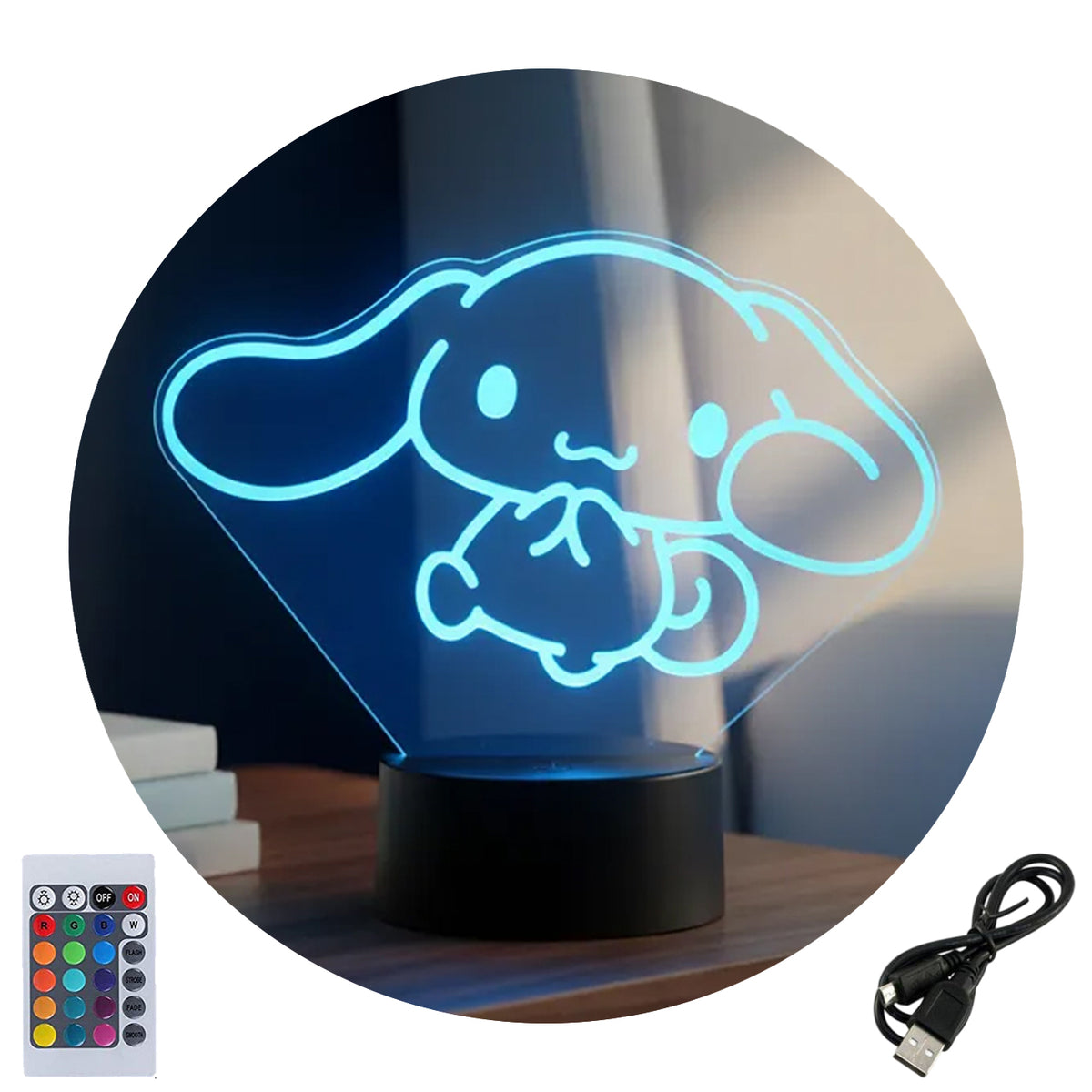 Velador Ilusion 3D A control remoto Lámpara Kawai Cinnamoroll Sanrio USB / PILAS