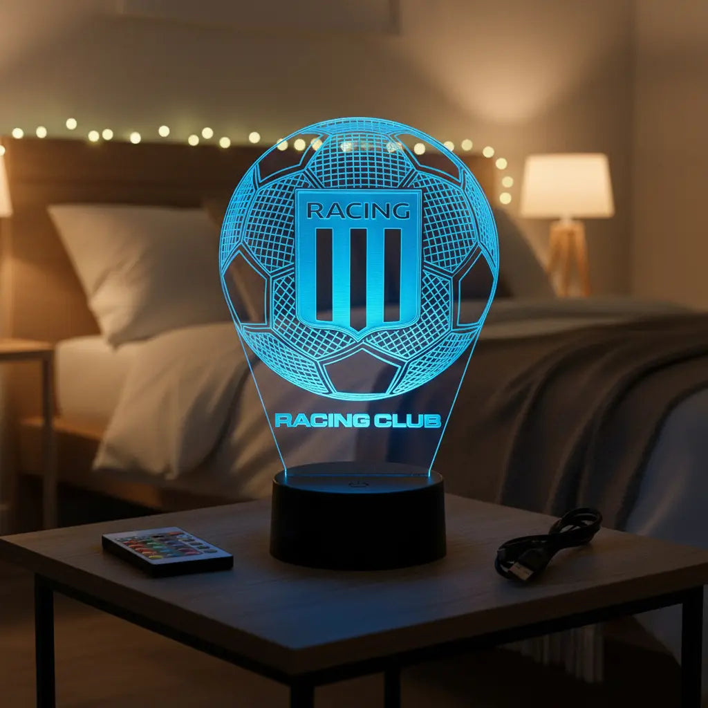 Velador Ilusion 3D A control remoto Futbol Racing Club USB / PILAS