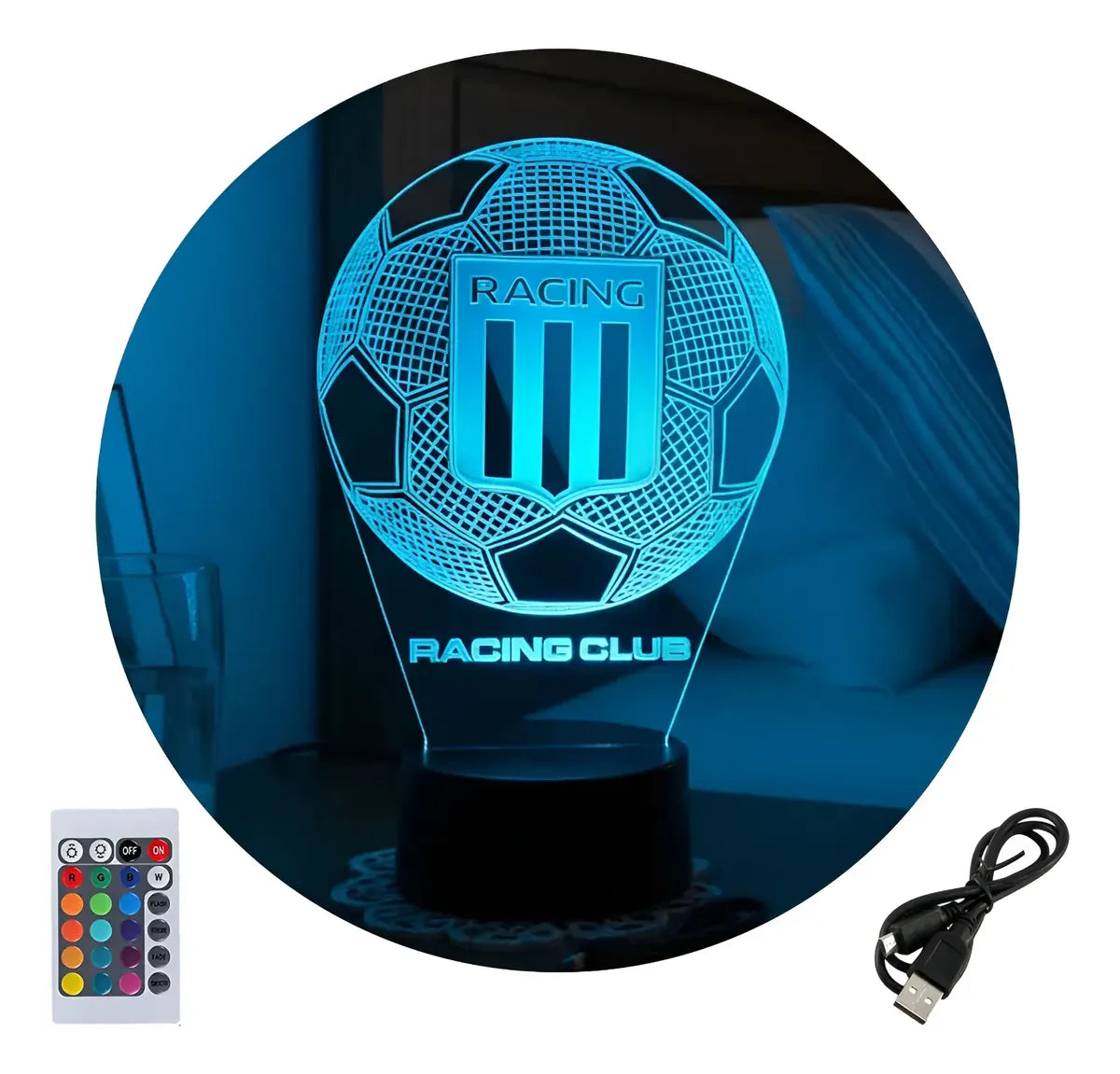 Velador Ilusion 3D A control remoto Futbol Racing Club USB / PILAS