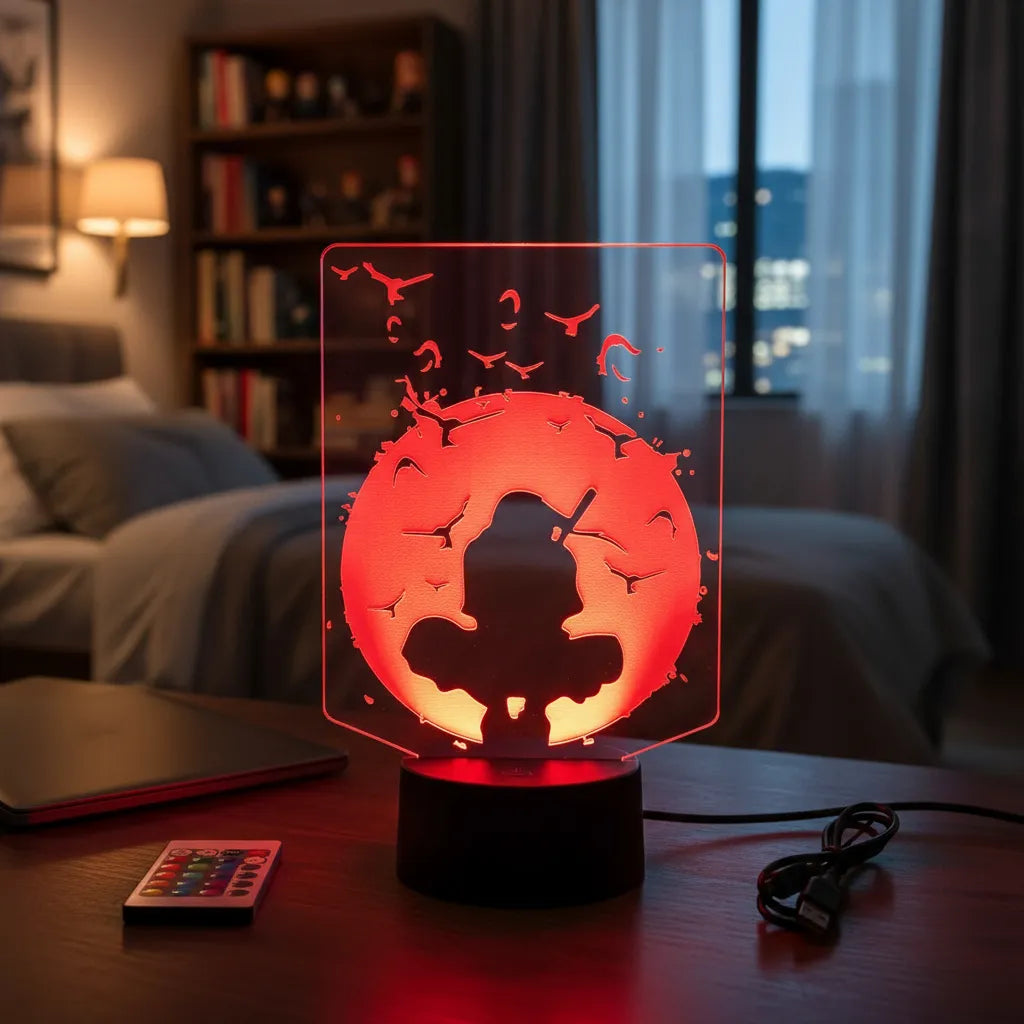 Velador Ilusion 3D A control remoto Itachi Luna Roja Naruto USB / PILAS