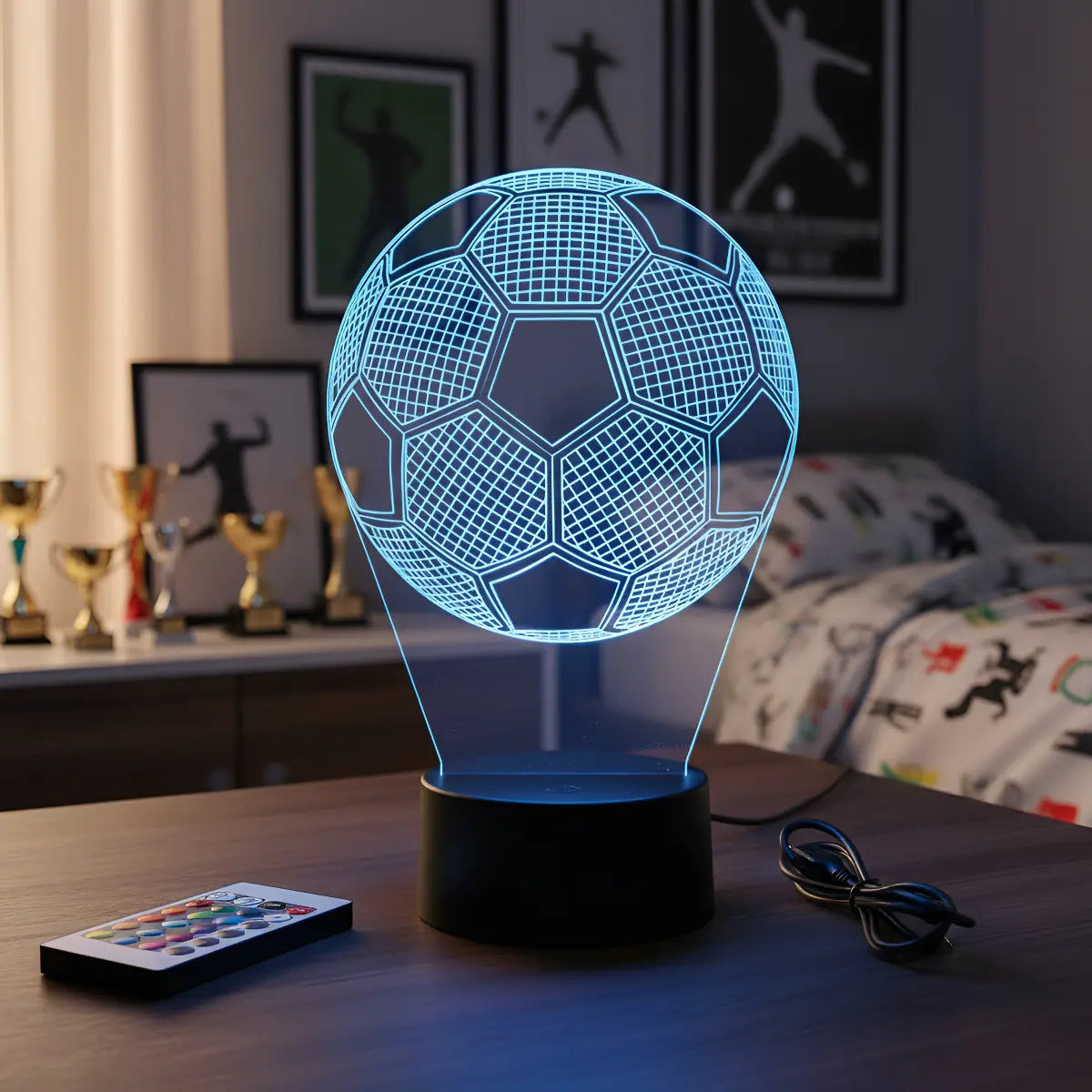 Velador Ilusion 3D A control remoto Pelota Futbol Infantil USB / PILAS