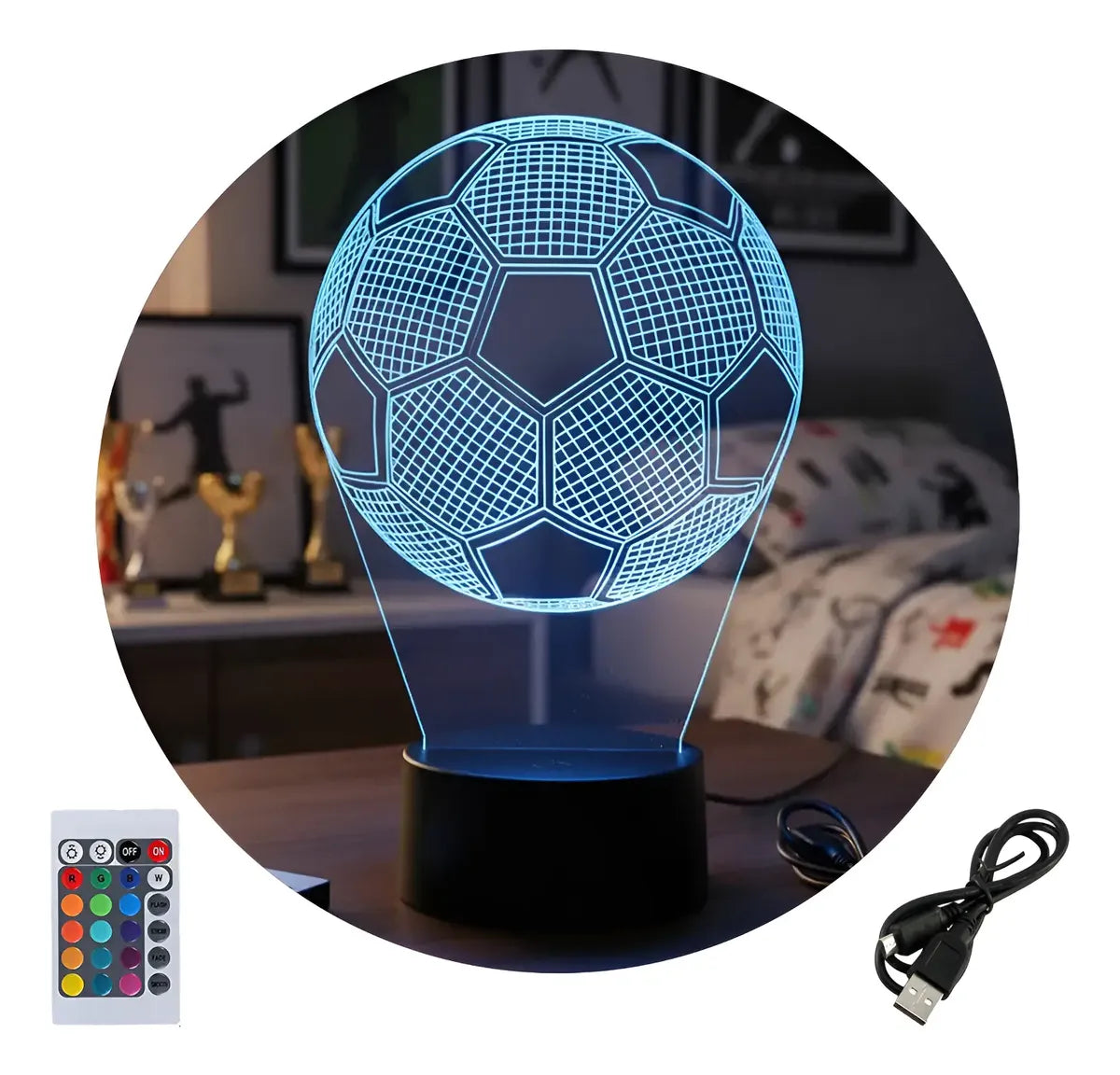 Velador Ilusion 3D A control remoto Pelota Futbol Infantil USB / PILAS