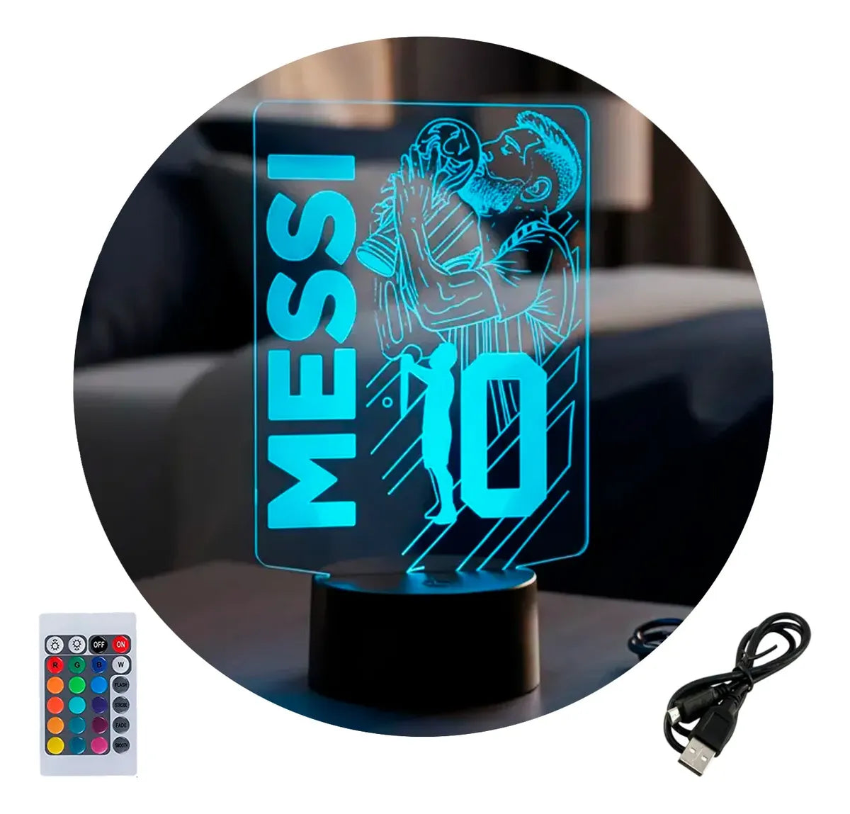 Velador Ilusion 3D A control remoto Messi Argentina Copa Mundial USB / PILAS