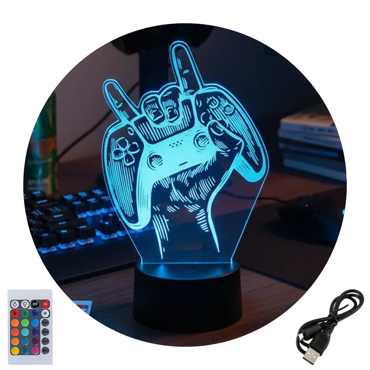 Velador Ilusion 3D A control remoto Gamer Joystick USB / PILAS