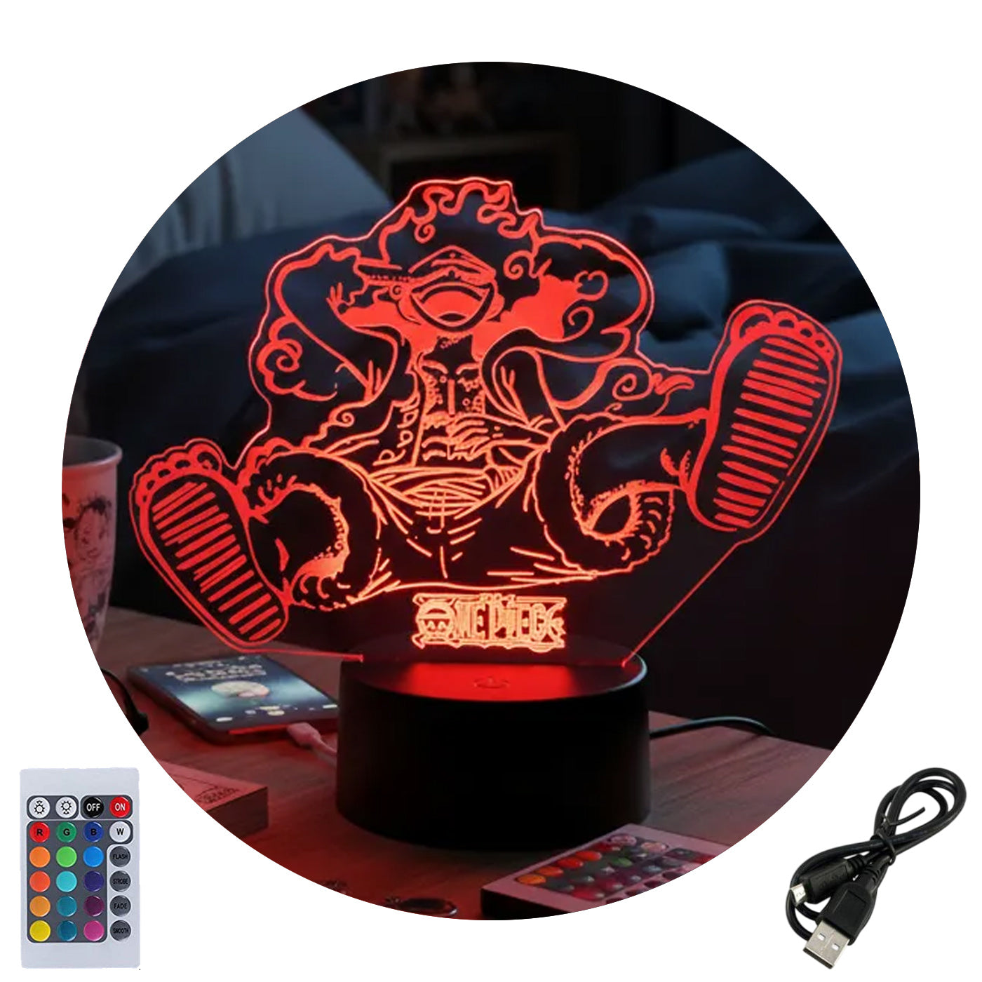 Velador Ilusion 3D A control remoto Luffy Gear 5 One Piece USB / PILAS