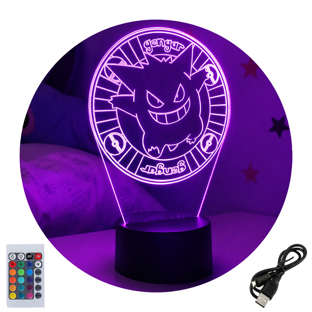 Velador Ilusion 3D A control remoto Lámpara Gengar Pokémon USB / PILAS