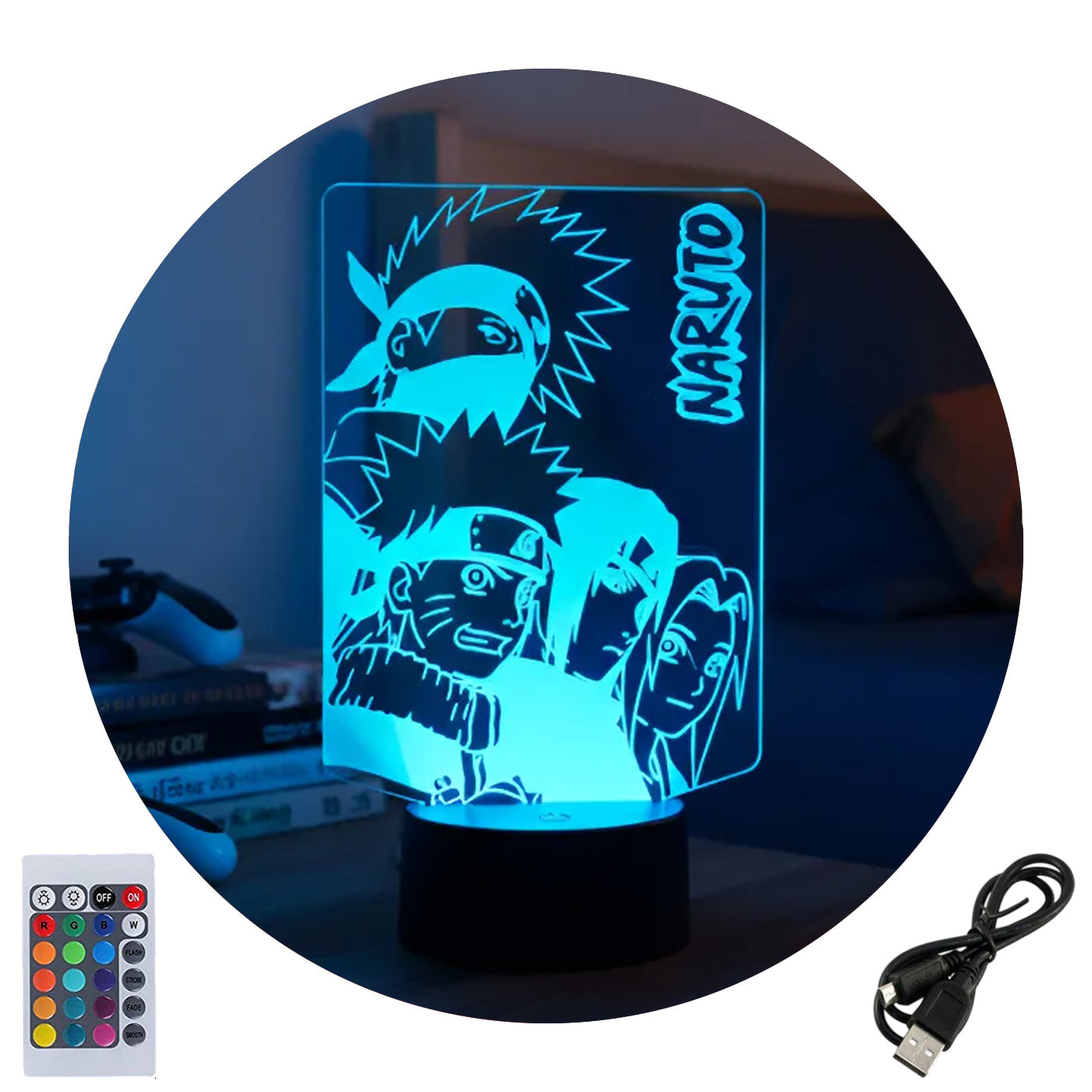 Velador Ilusion 3D A control remoto Personajes Naruto USB / PILAS
