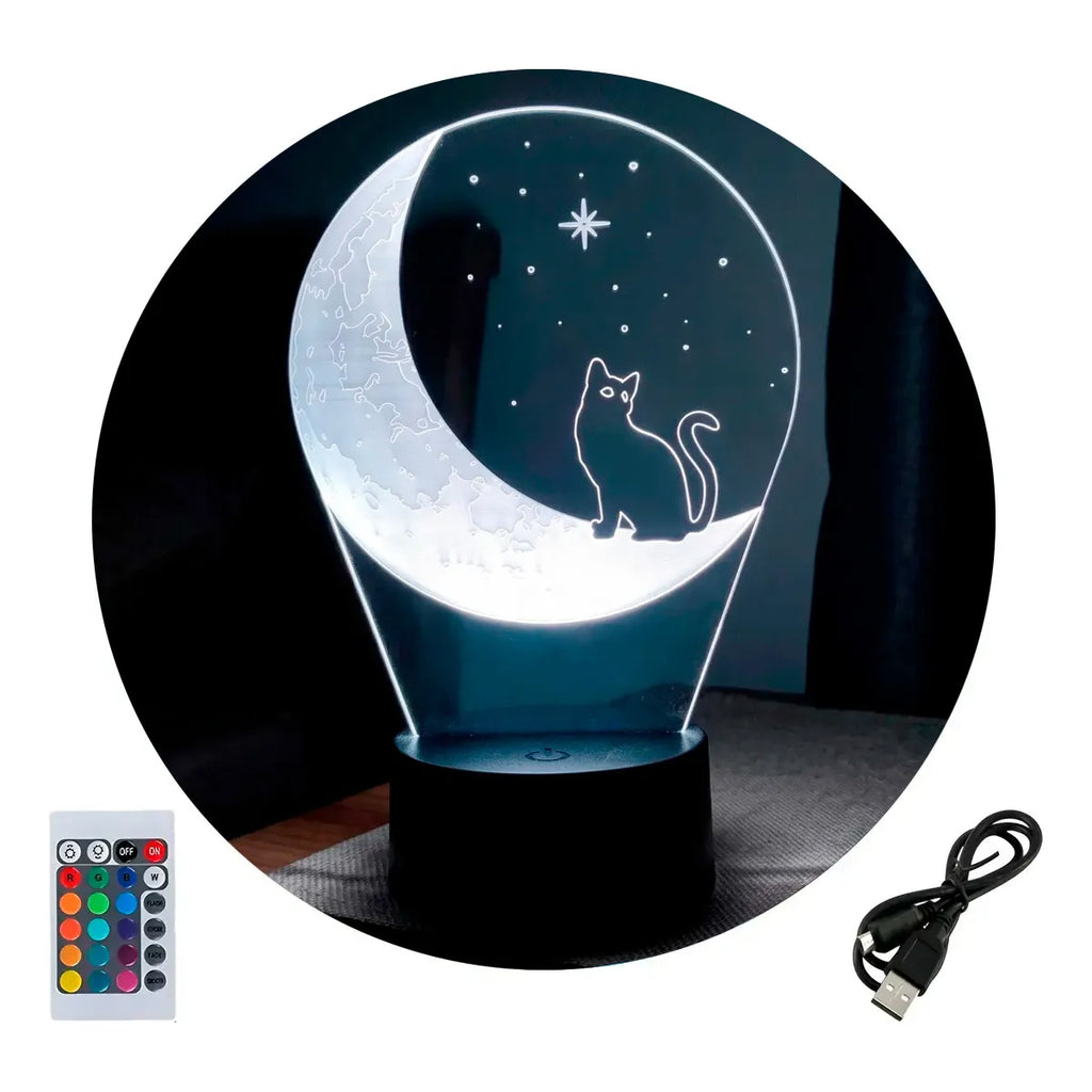 Velador Infantil Ilusion 3D A control remoto Gatito en la luna USB / PILAS
