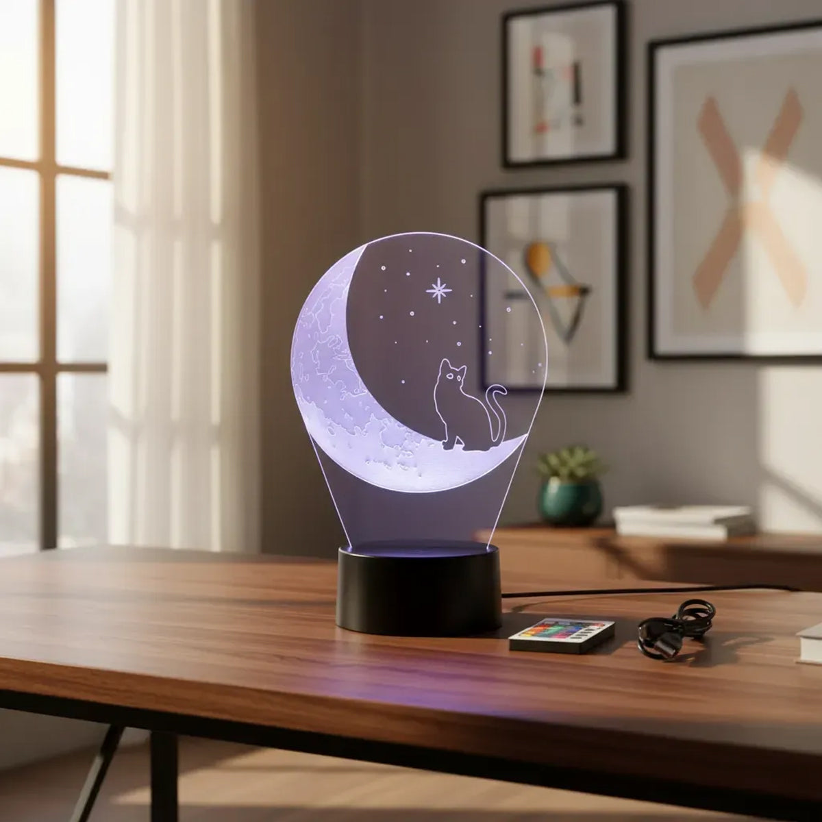 Velador Infantil Ilusion 3D A control remoto Gatito en la luna USB / PILAS
