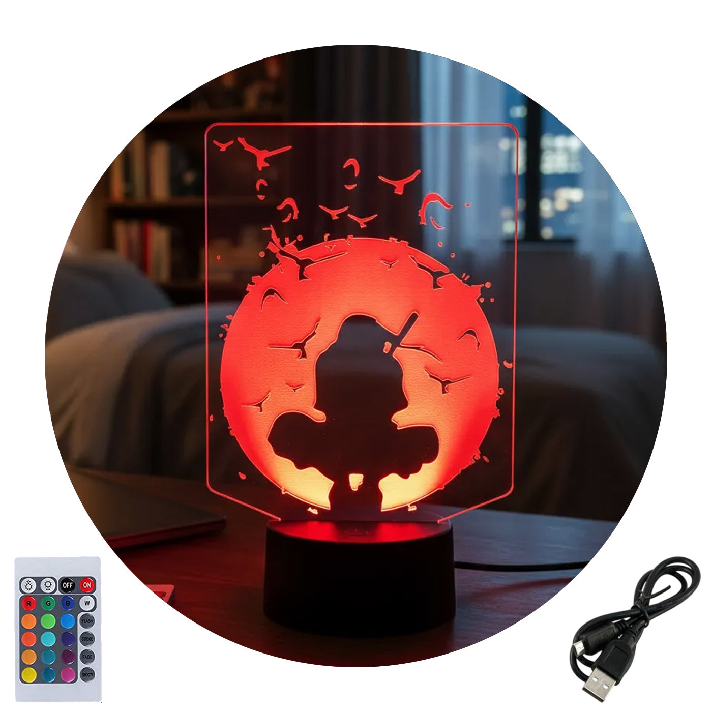 Velador Ilusion 3D A control remoto Itachi Luna Roja Naruto USB / PILAS