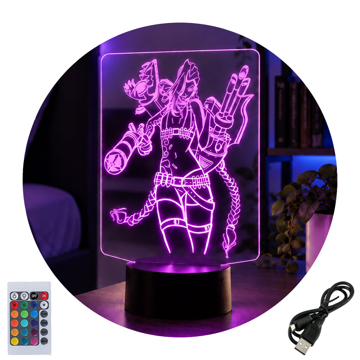 Velador Ilusion 3D A control remoto Lámpara League of Legends Jinx USB / PILAS