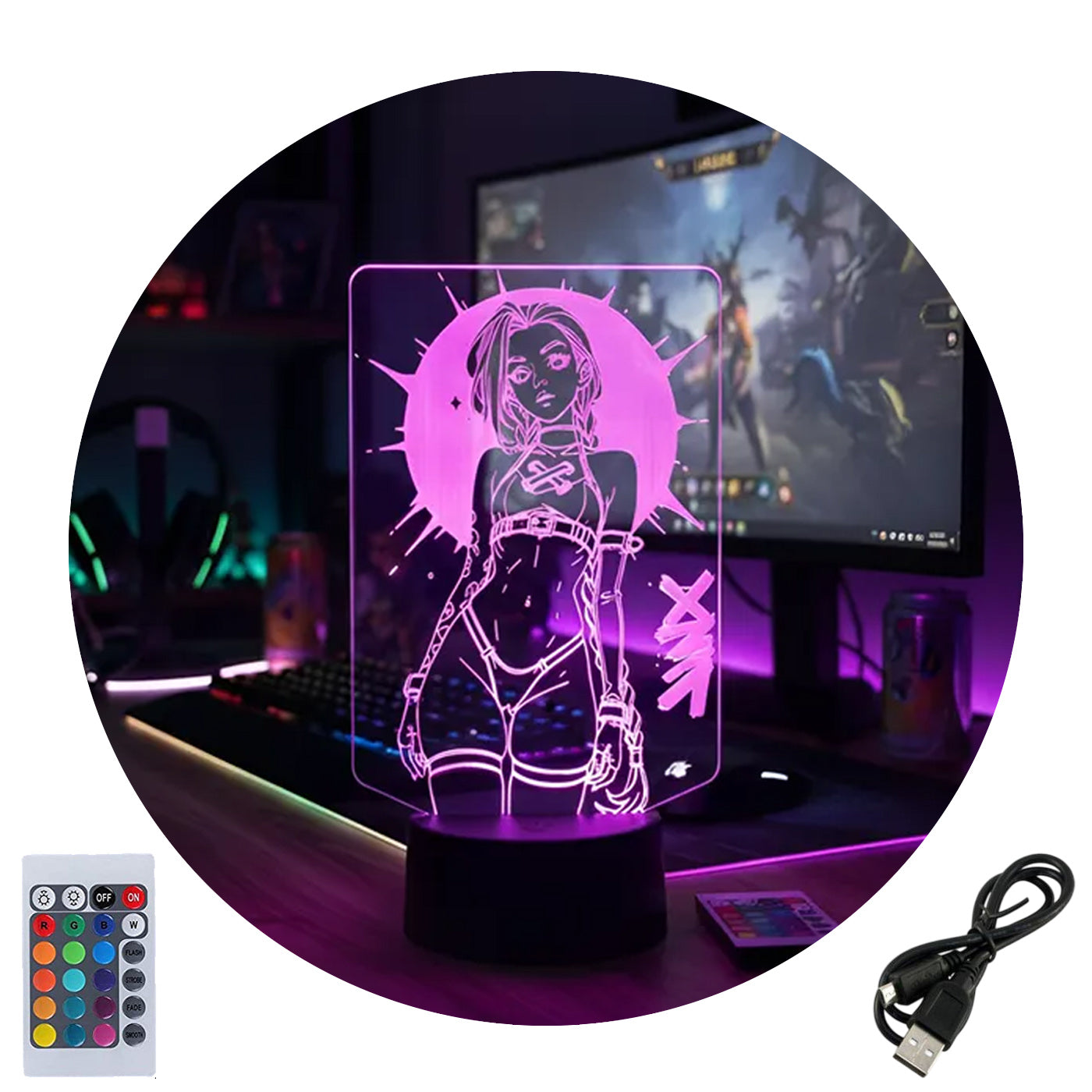 Velador Ilusion 3D A control remoto Jinx LOL League of Legends USB / PILAS