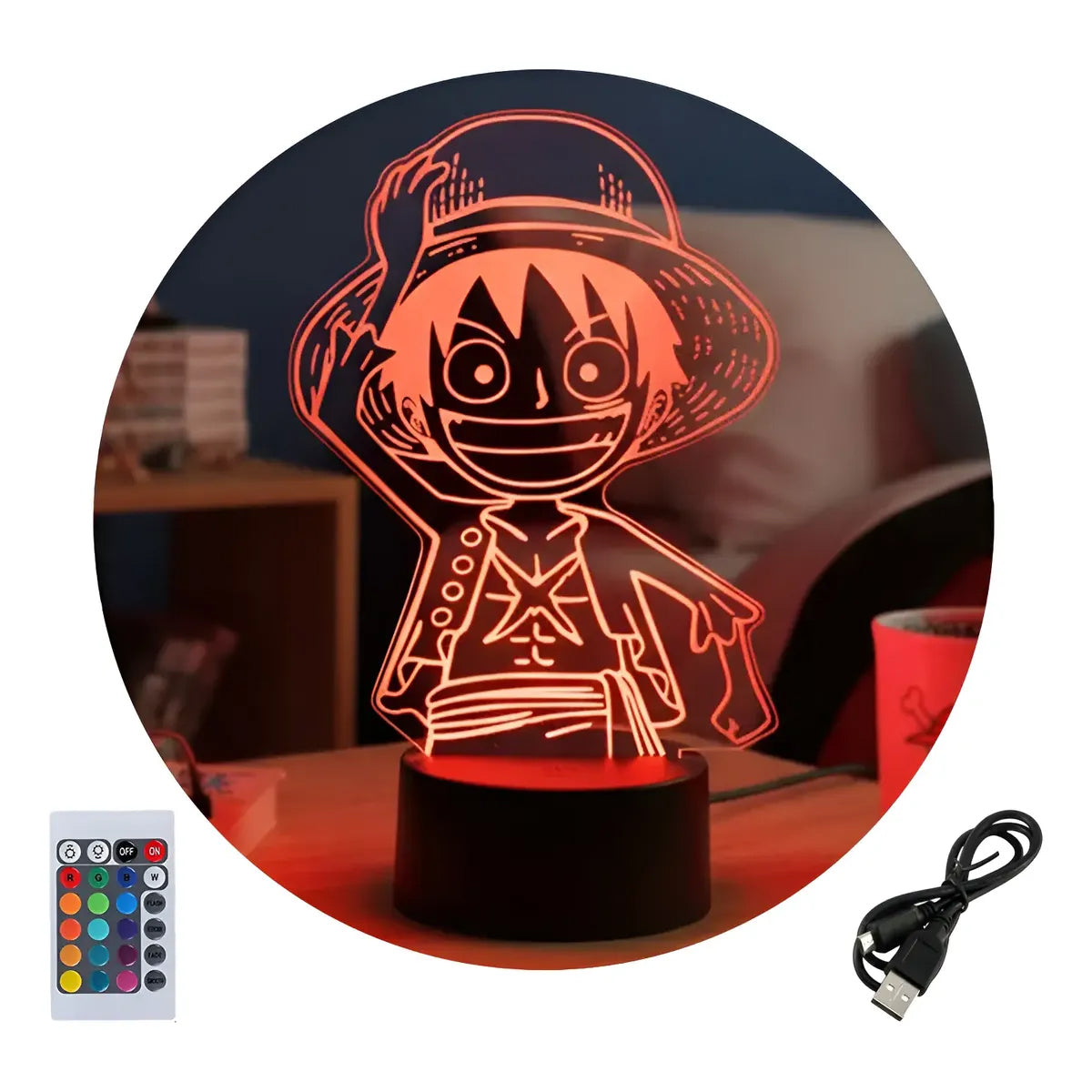 Velador Ilusion 3D A control remoto One Piece Monkey D. Luffy USB / PILAS