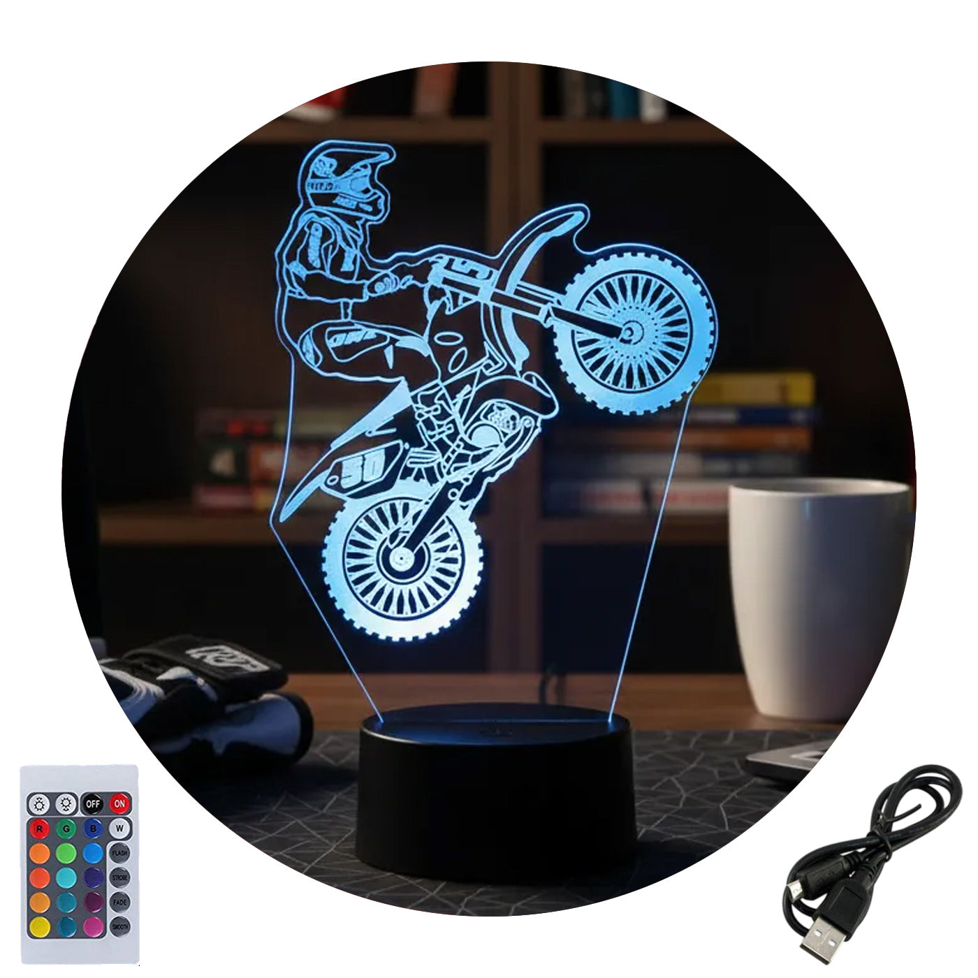 Velador Ilusion 3D A control remoto Moto Cross USB / PILAS