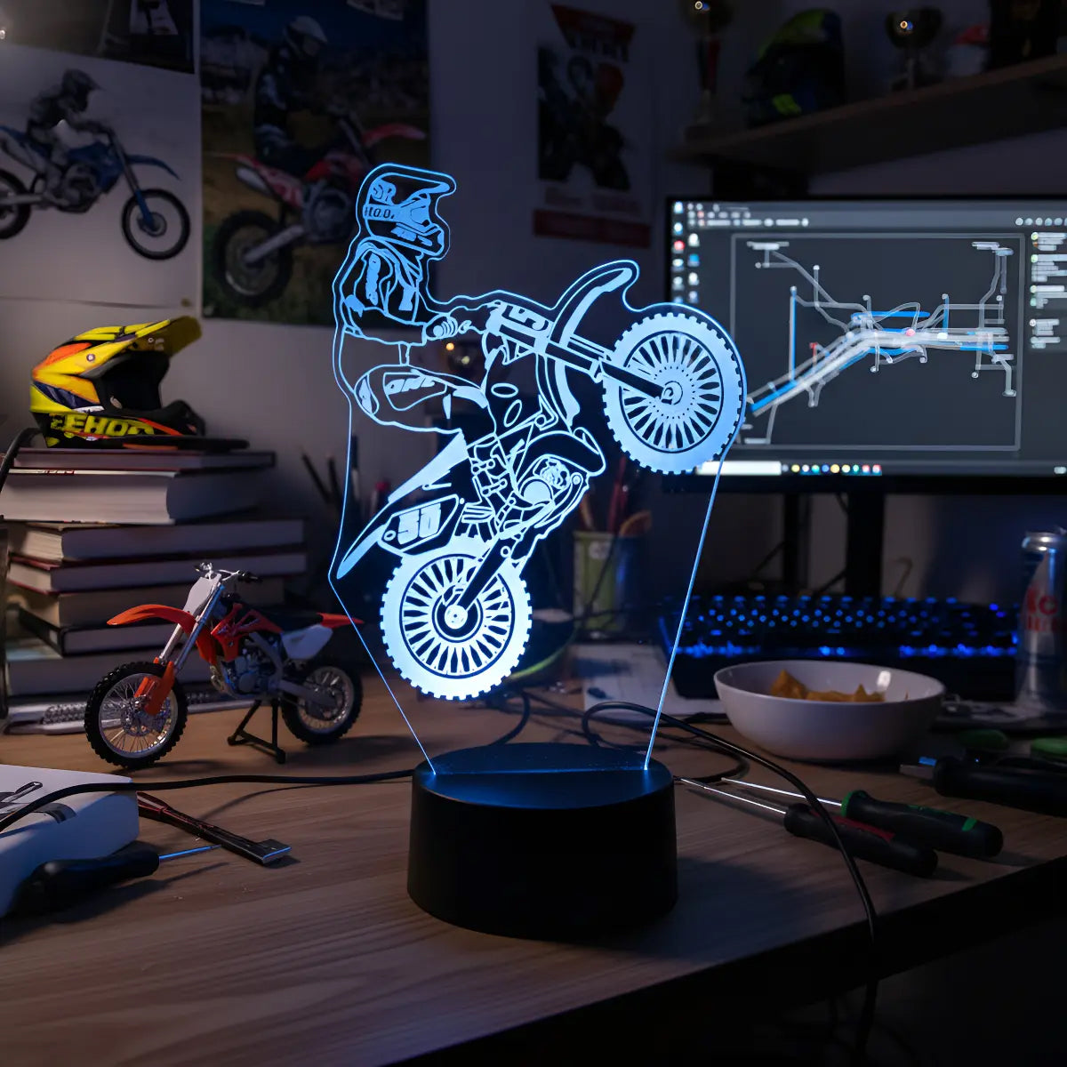 Velador Ilusion 3D A control remoto Moto Cross USB / PILAS
