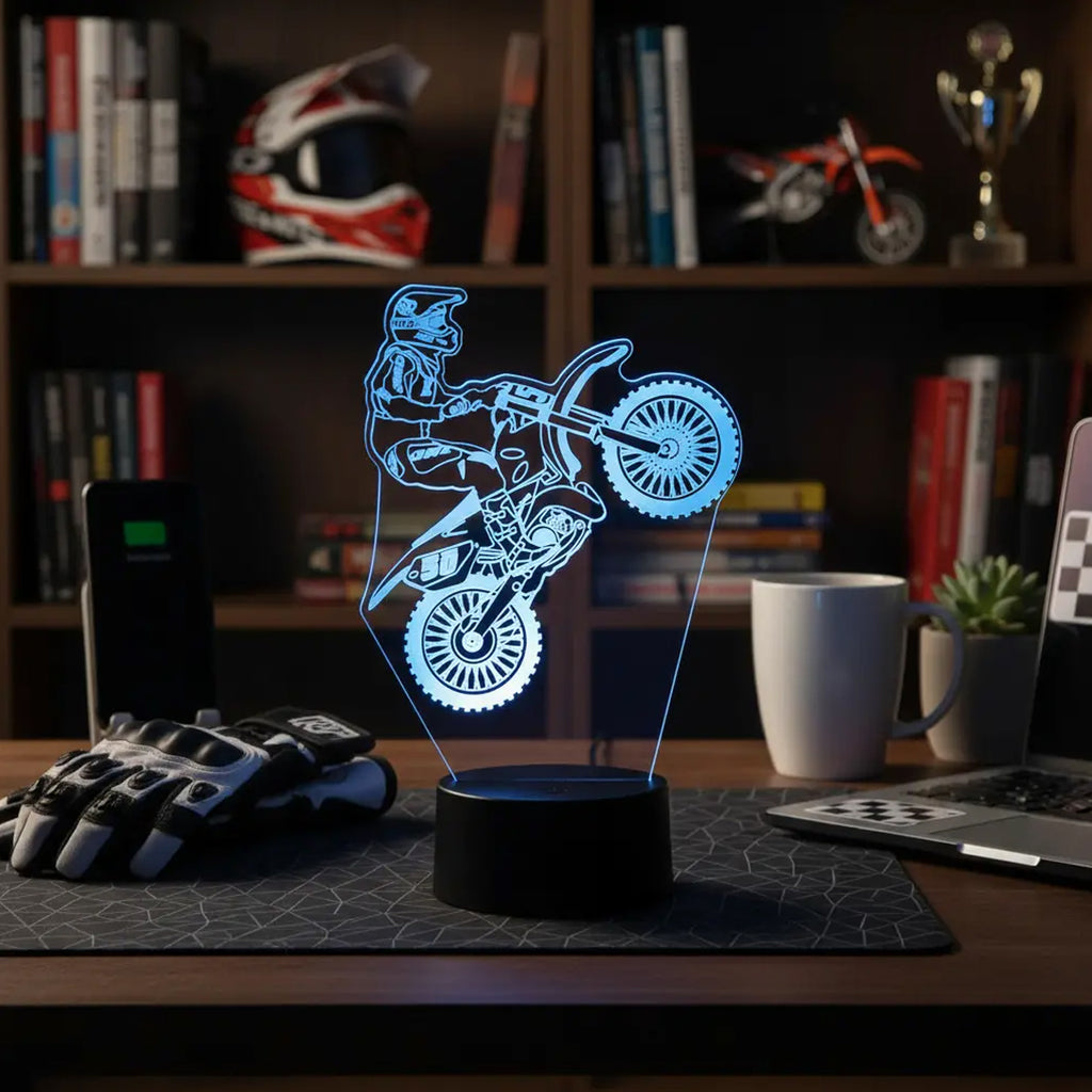 Velador Ilusion 3D A control remoto Moto Cross USB / PILAS