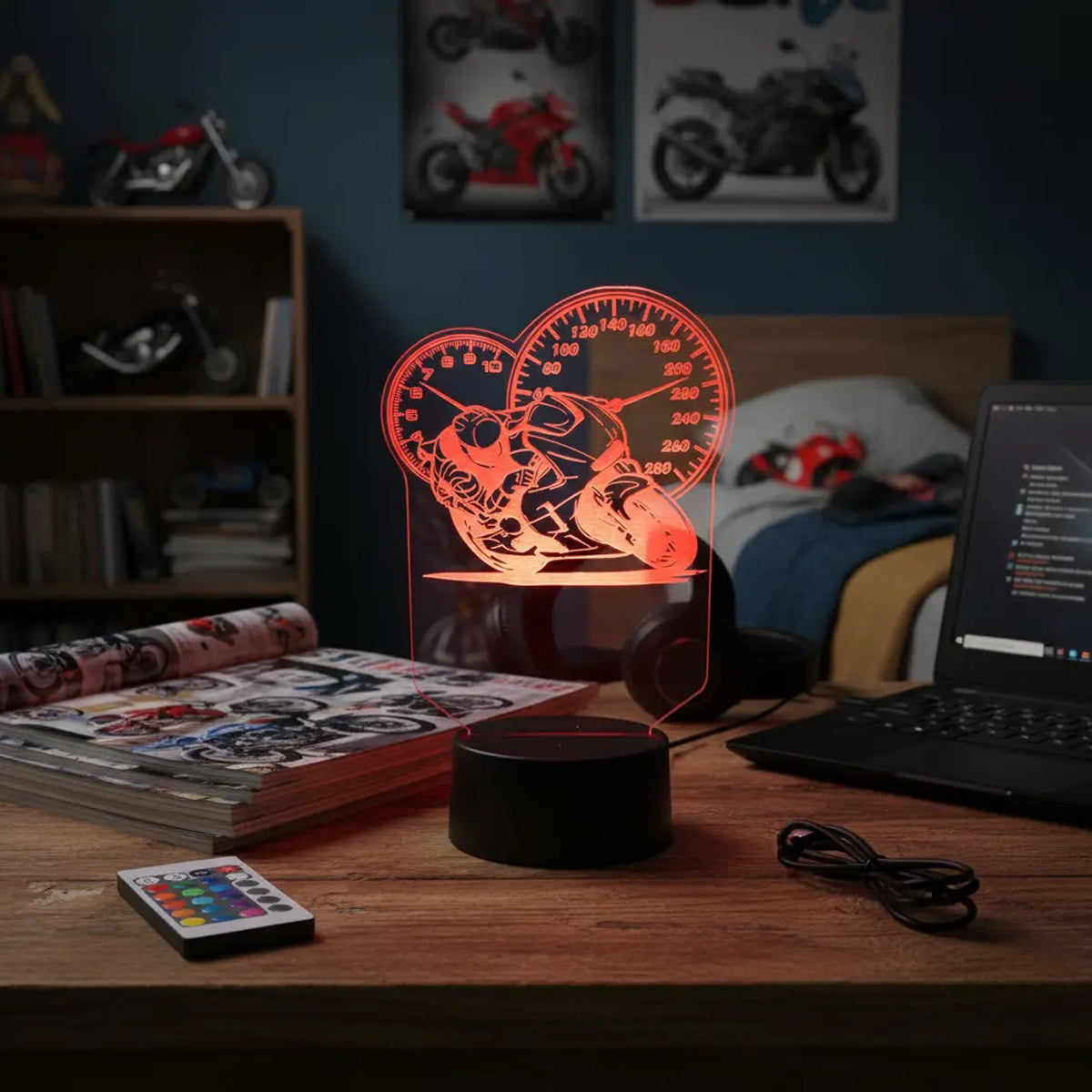 Velador Ilusion 3D A control remoto Lámpara Moto USB / PILAS