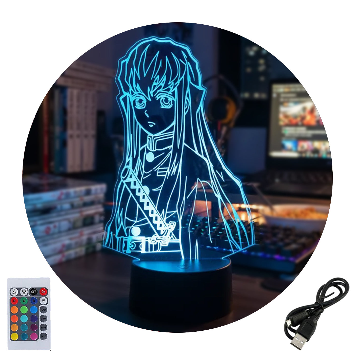 Velador Ilusion 3D A control remoto Muichiro Tokito Demon Slayer USB / PILAS