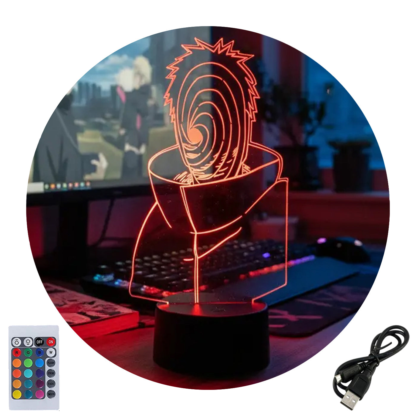 Velador Ilusion 3D A control remoto Lámpara Obito Uchiha Naruto USB / PILAS