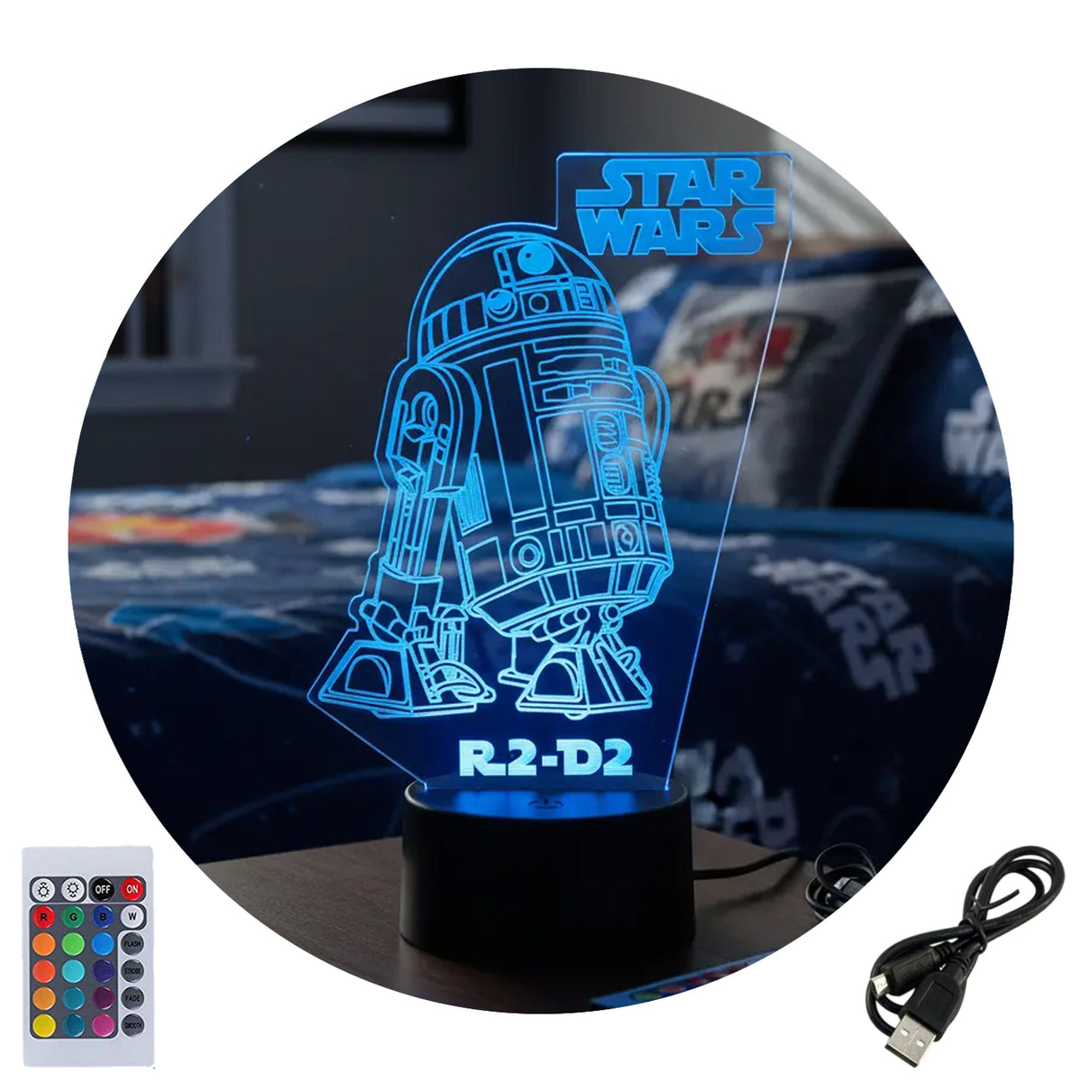 Velador Infantil Ilusion 3D A control remoto Lámpara R2-D2 Star Wars USB / PILAS