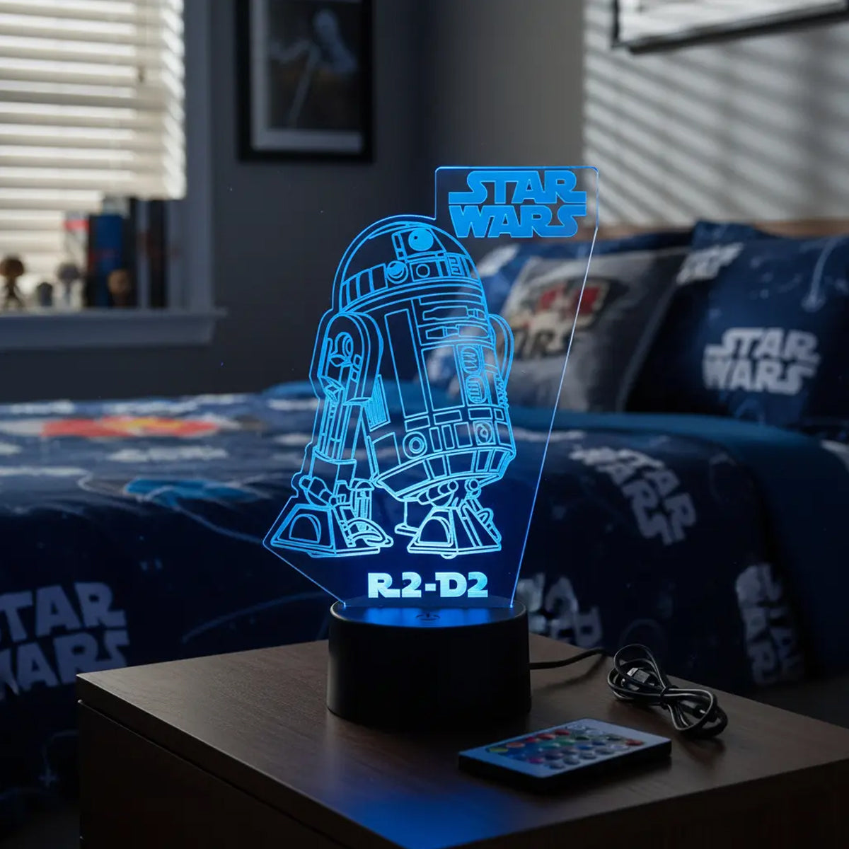 Velador Infantil Ilusion 3D A control remoto Lámpara R2-D2 Star Wars USB / PILAS
