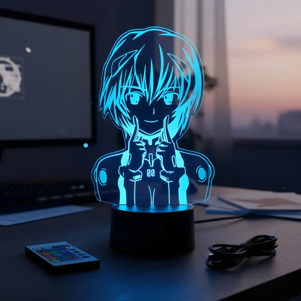 Velador Ilusion 3D A control remoto Rei Ayanami Evangelion USB / PILAS