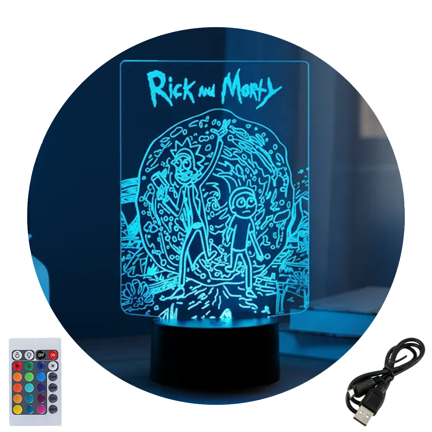 Velador Ilusion 3D A control remoto Rick and Morty USB / PILAS