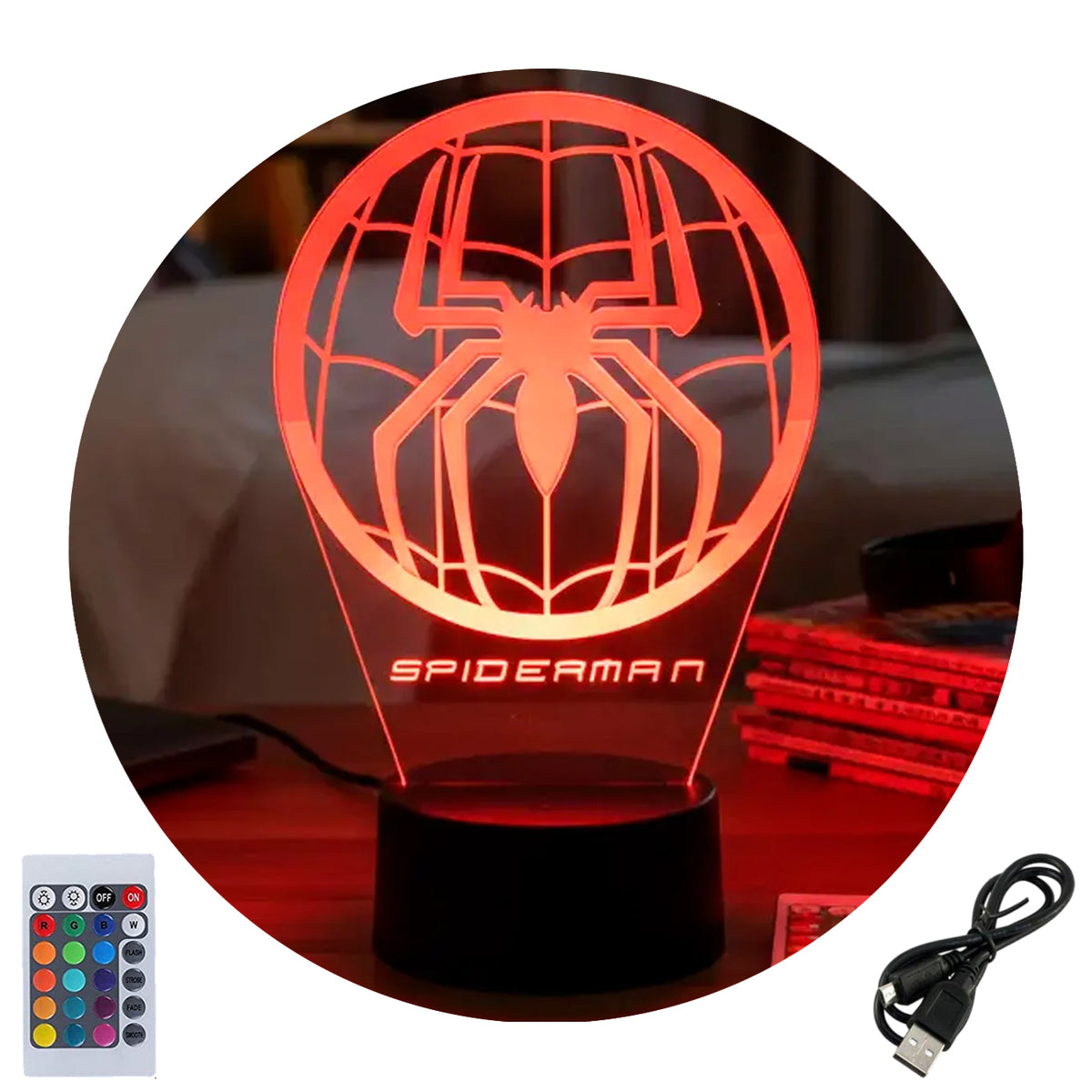 Velador Infantil Ilusion 3D A control remoto Emblema Spider Man USB / PILAS