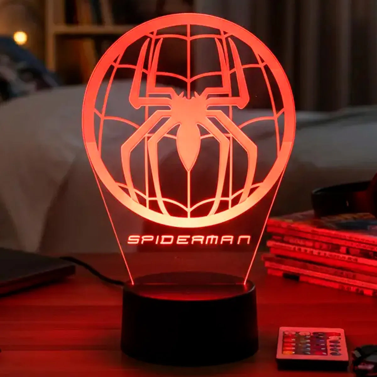 Velador Infantil Ilusion 3D A control remoto Emblema Spider Man USB / PILAS