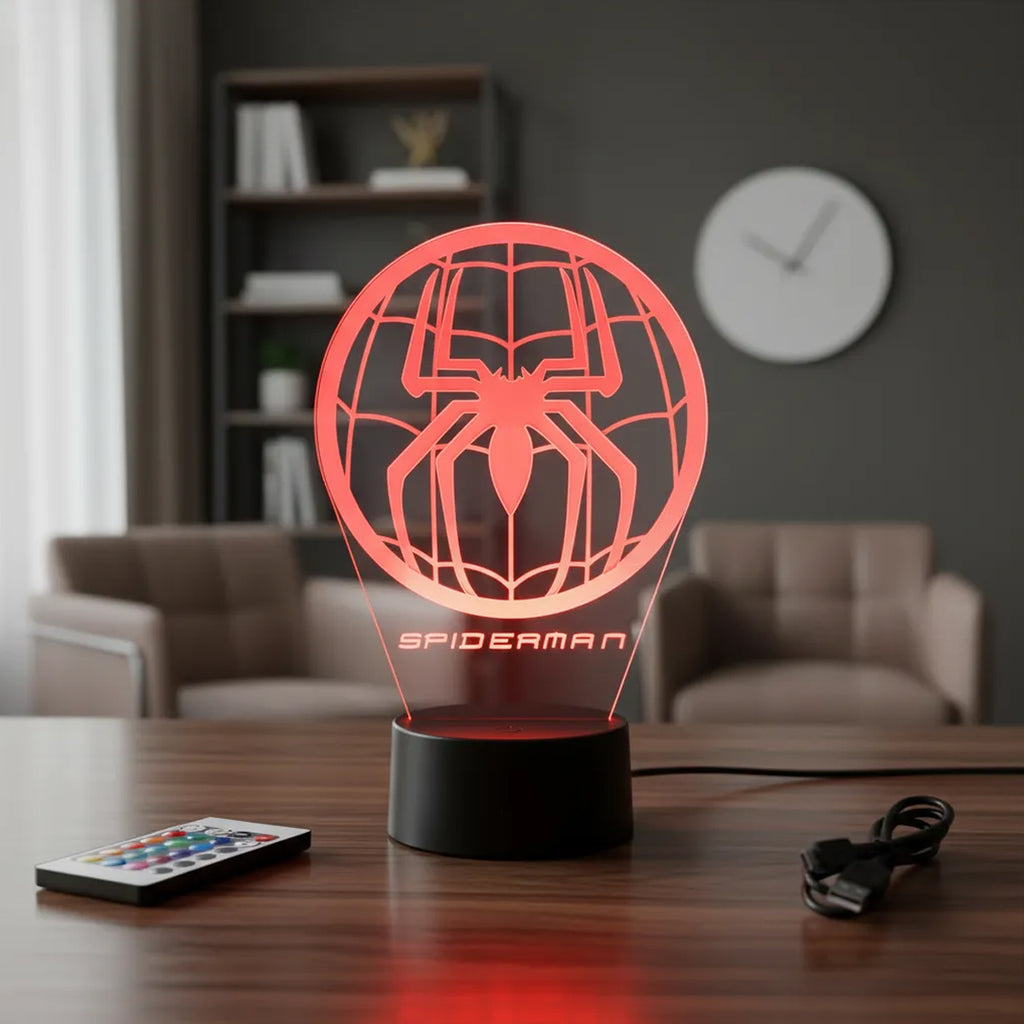 Velador Infantil Ilusion 3D A control remoto Emblema Spider Man USB / PILAS
