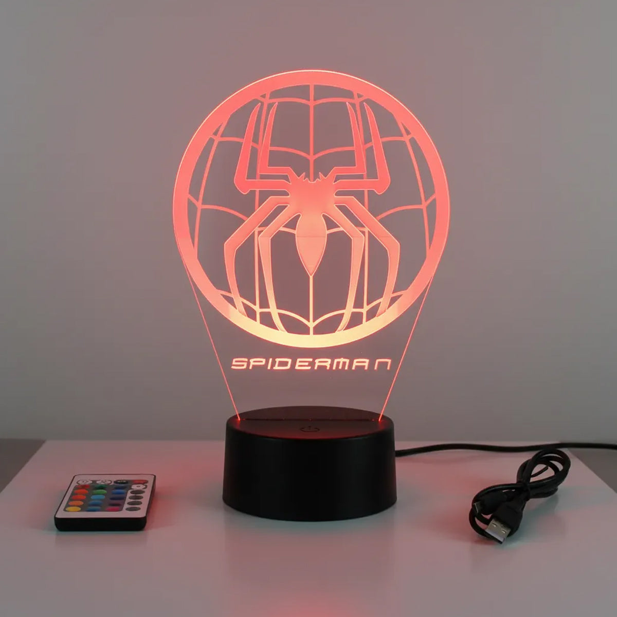 Velador Infantil Ilusion 3D A control remoto Emblema Spider Man USB / PILAS