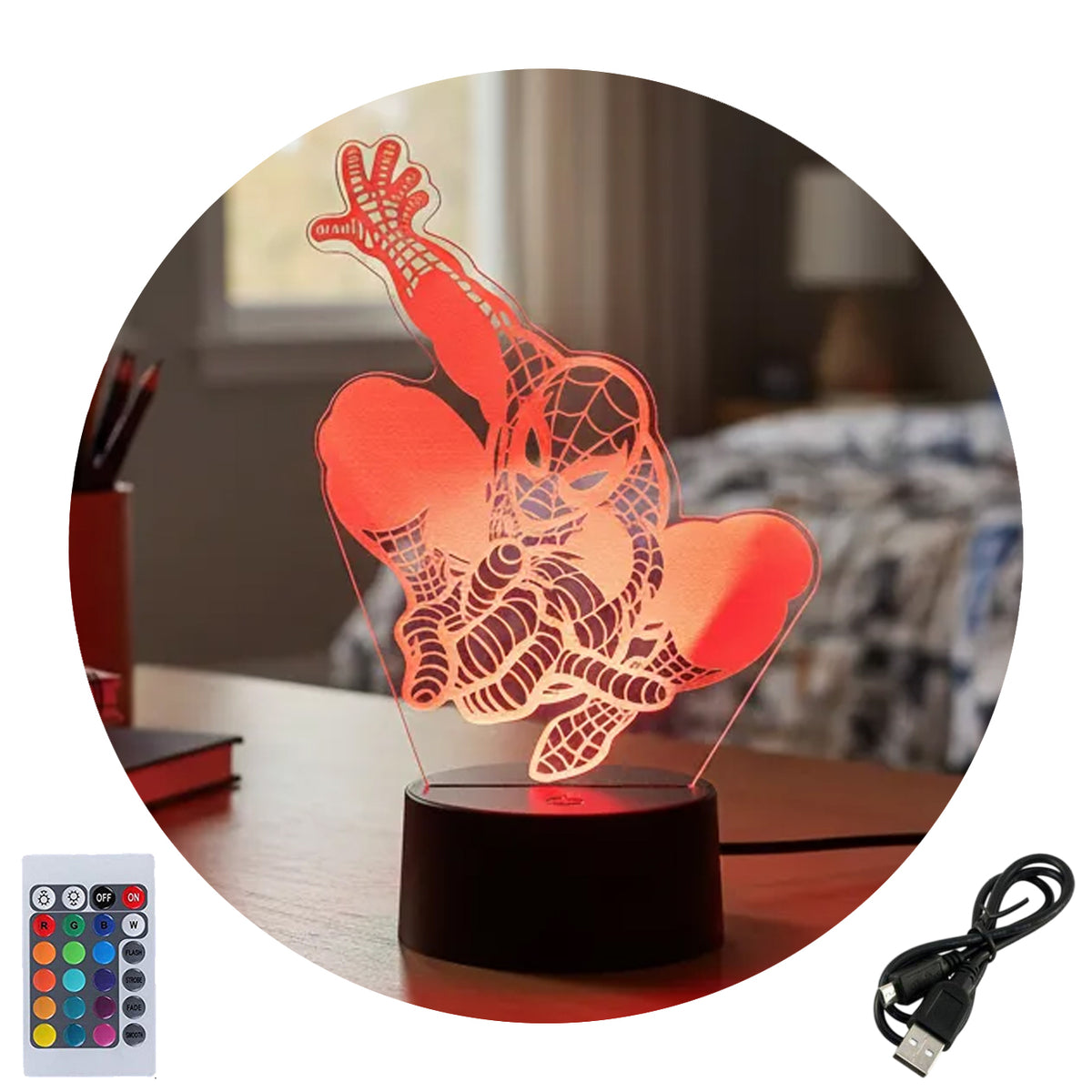 Velador Ilusion 3D A control remoto Lámpara Spider Man USB / PILAS
