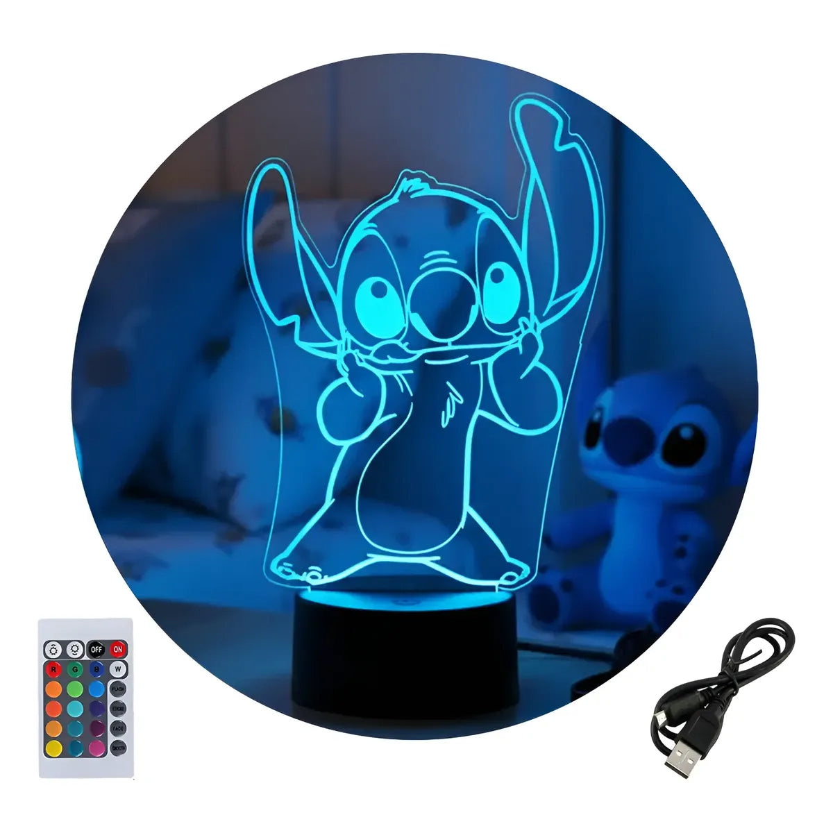 Velador Ilusion 3D A control remoto Lámpara Lilo y Stitch USB / PILAS
