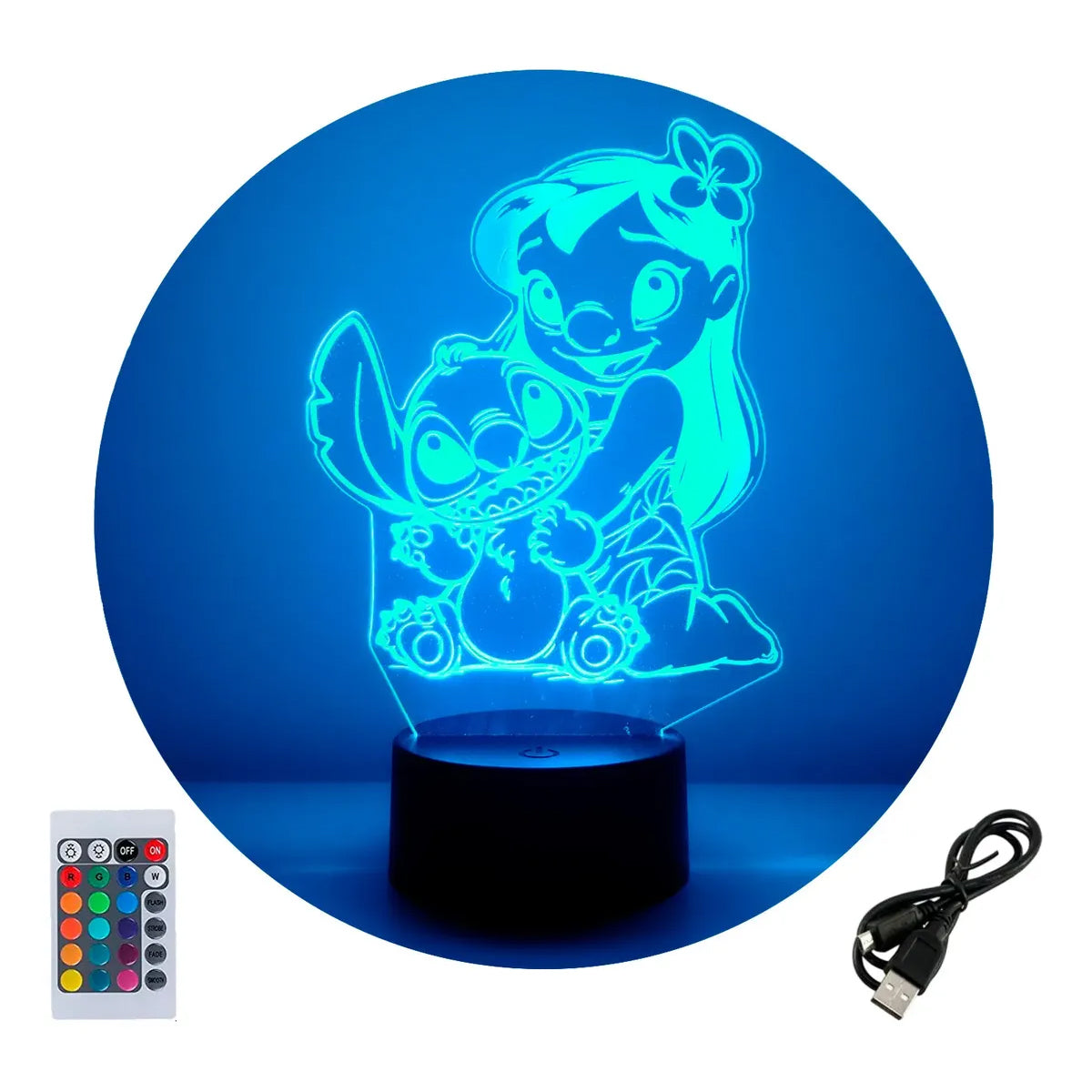 Velador Ilusion 3D A control remoto Lámpara Lilo y Stitch USB / PILAS