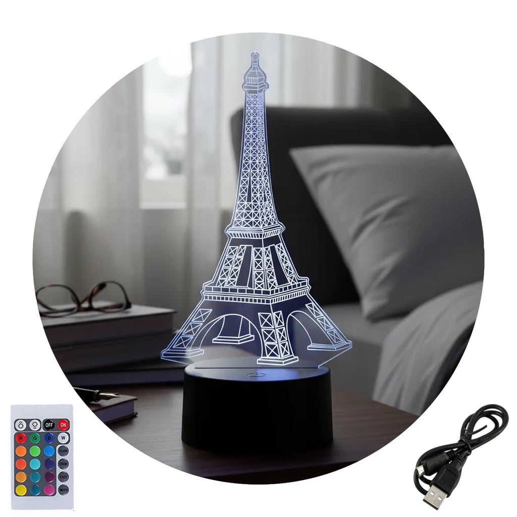 Velador Ilusion 3D A control remoto Lámpara Torre Eiffel USB / PILAS