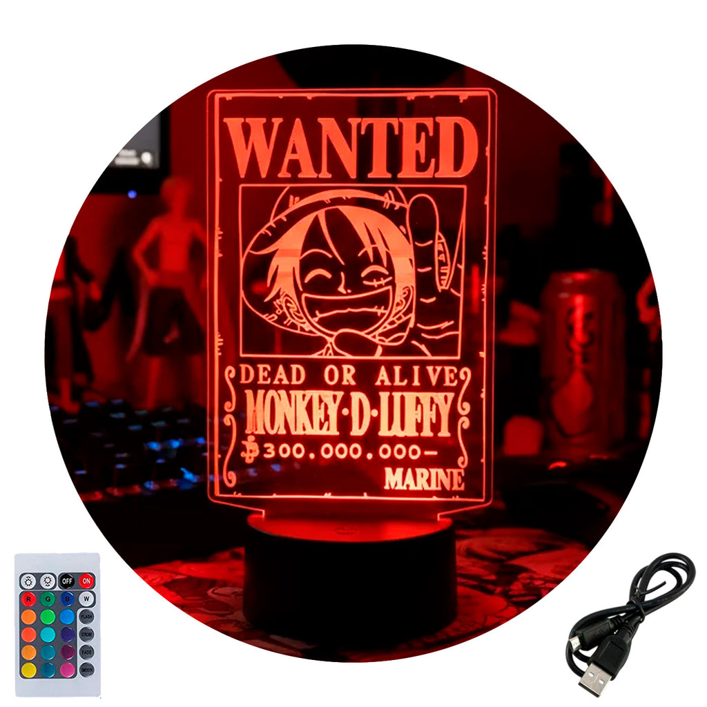 Velador Ilusion 3D A control remoto Wanted Luffy One Piece USB / PILAS