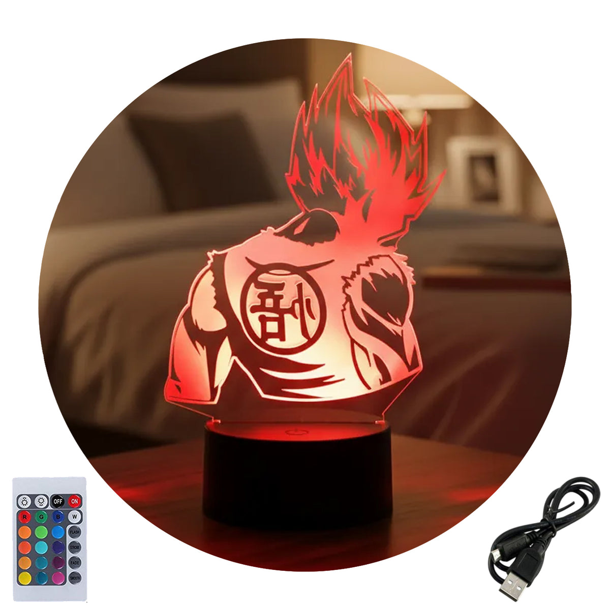 Velador Ilusion 3D A control remoto Lámpara Dragon Ball Goku USB / PILAS