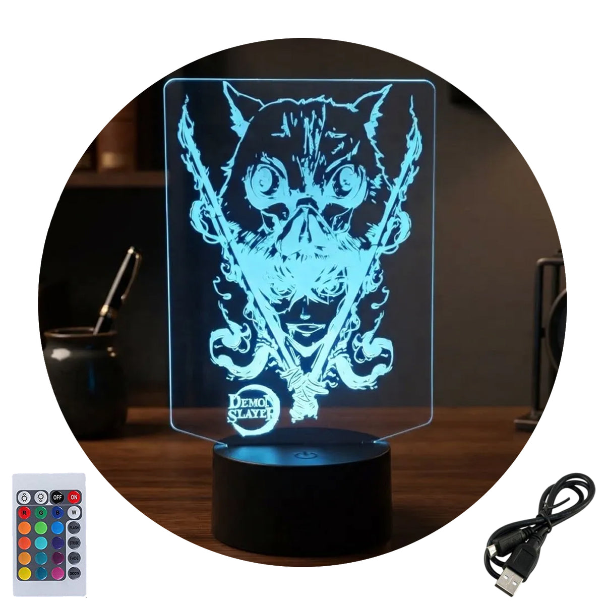 Velador Infantil Ilusion 3D A control remoto Lámpara Inosuke Demon Slayer USB / PILAS