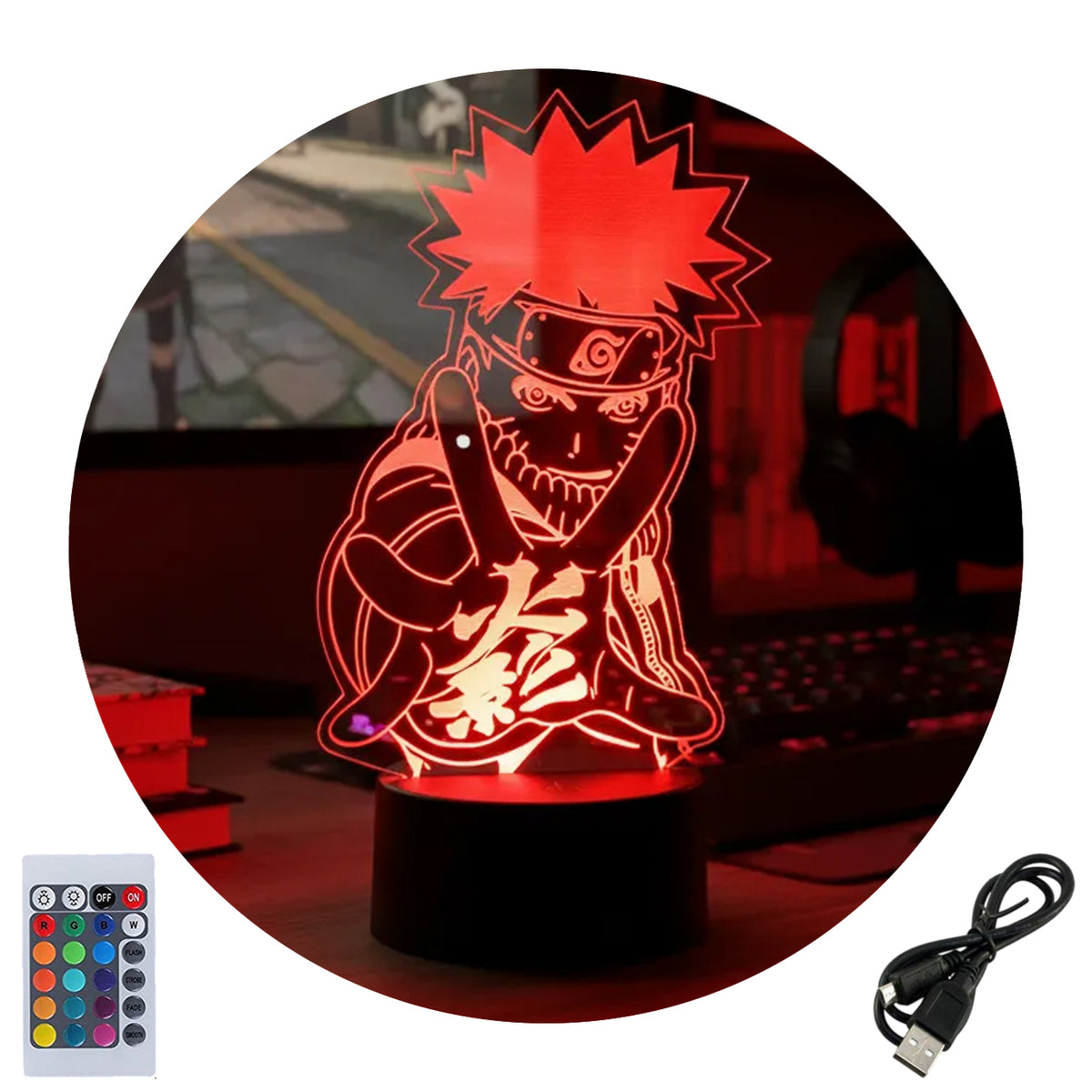 Velador Ilusion 3D A control remoto Naruto Uzumaki USB / PILAS